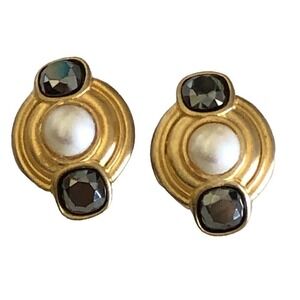 Vintage Givenchy Paris New York Bold Faux Pearl Tiered Gold Tone Clip Earrings
